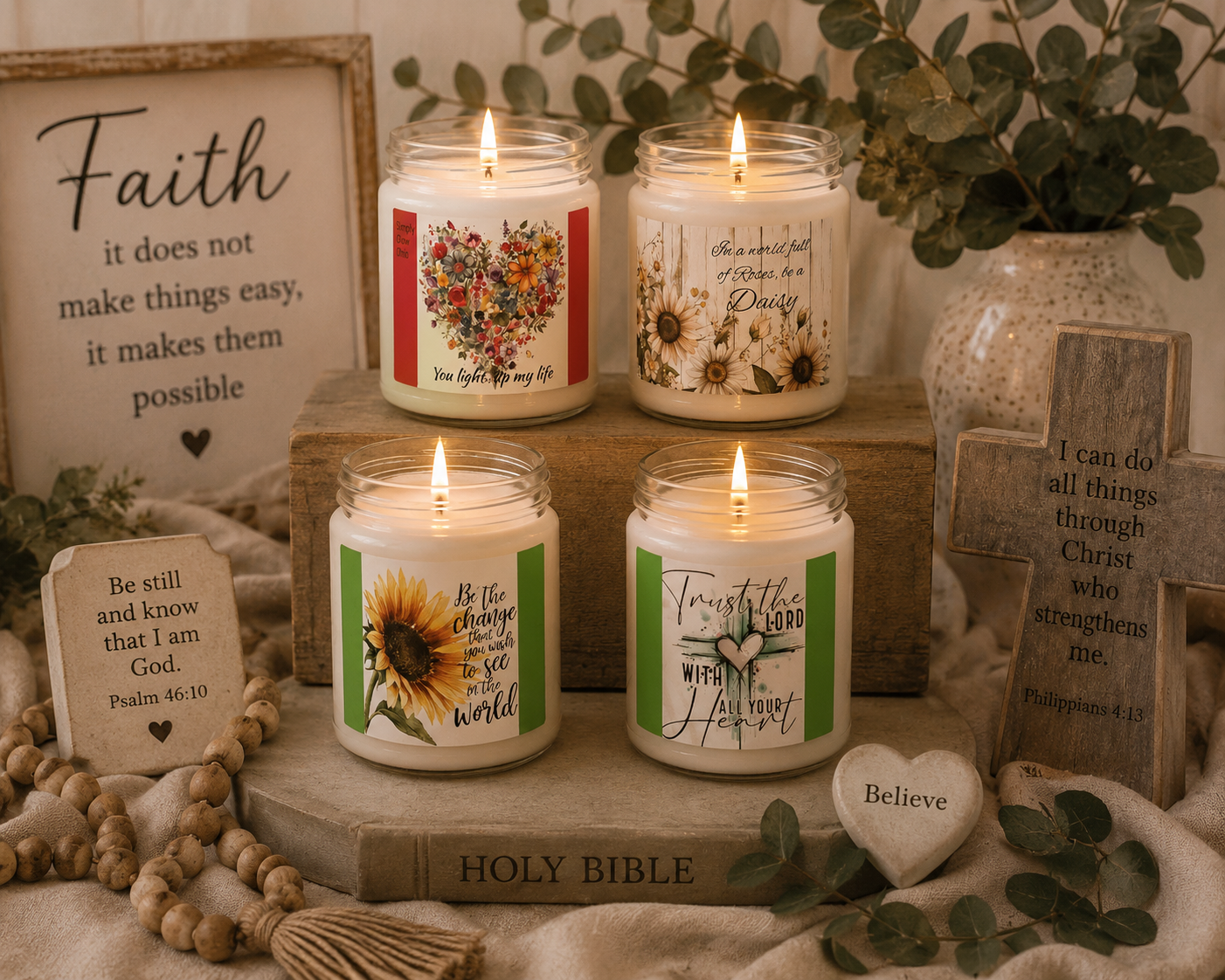 Soy Candles with custom designed labels of Bible verses, affirmations, faith and prayer.