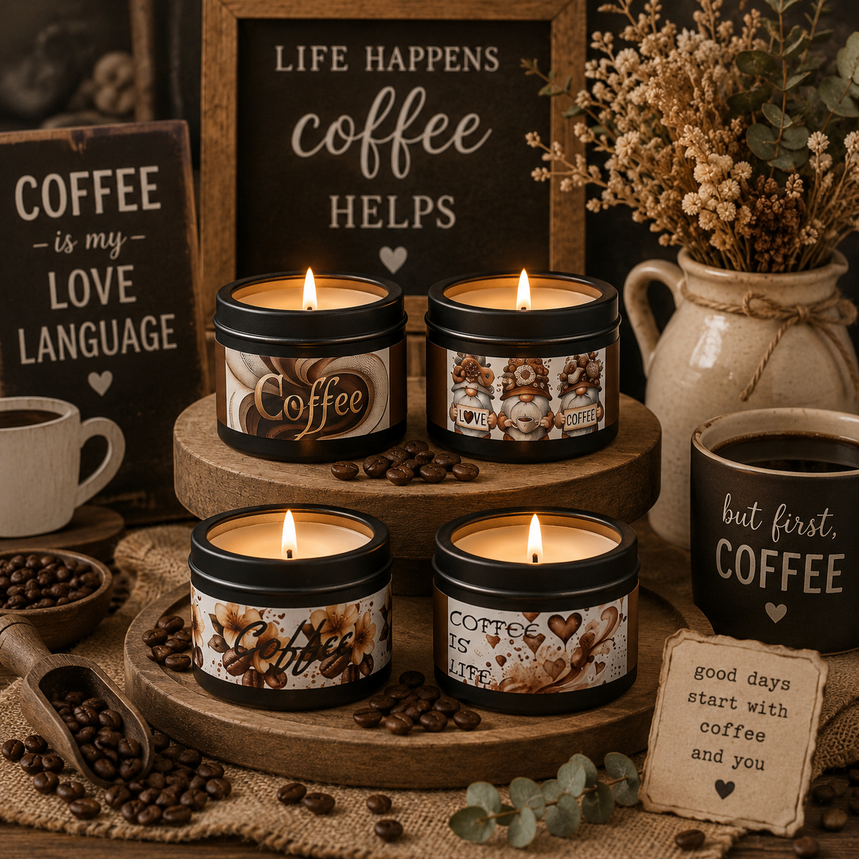 Coffee lovers, indulge your senses with our hand-poured soy candles in stylish tins.