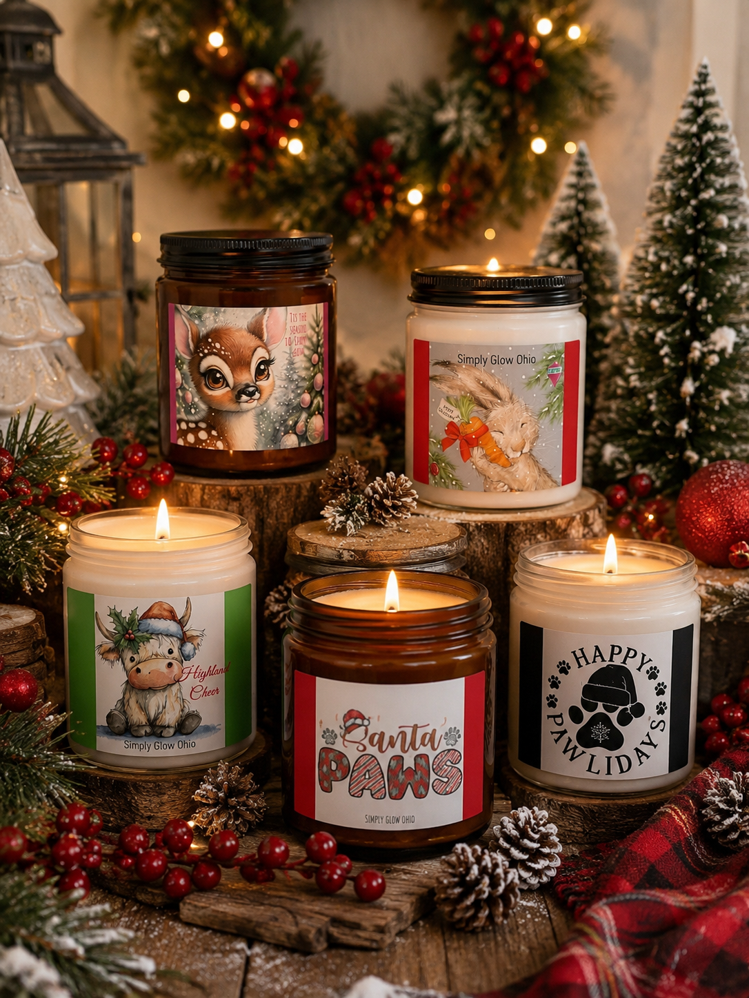 Soy Candles with Christmas designed labels, perfect for gift giving and adding to your holiday decor for that cozy feeling