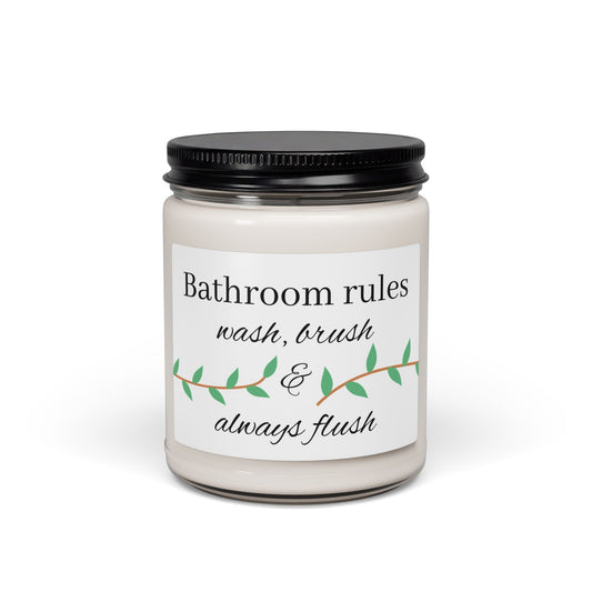 Bathroom Rules candle | Scented Soy Candle 9oz, wash brush & always flush - Simply Glow Ohio