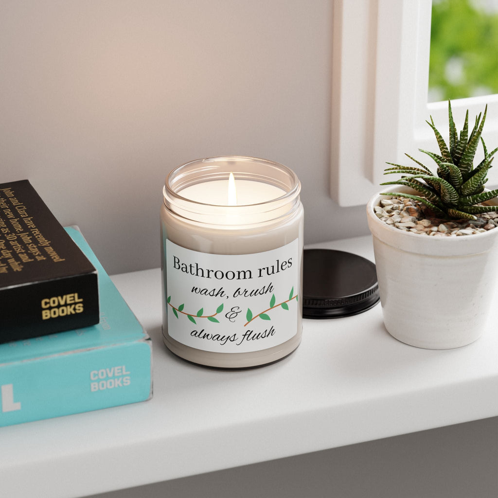 Bathroom Rules candle | Scented Soy Candle 9oz, wash brush & always flush - Simply Glow Ohio