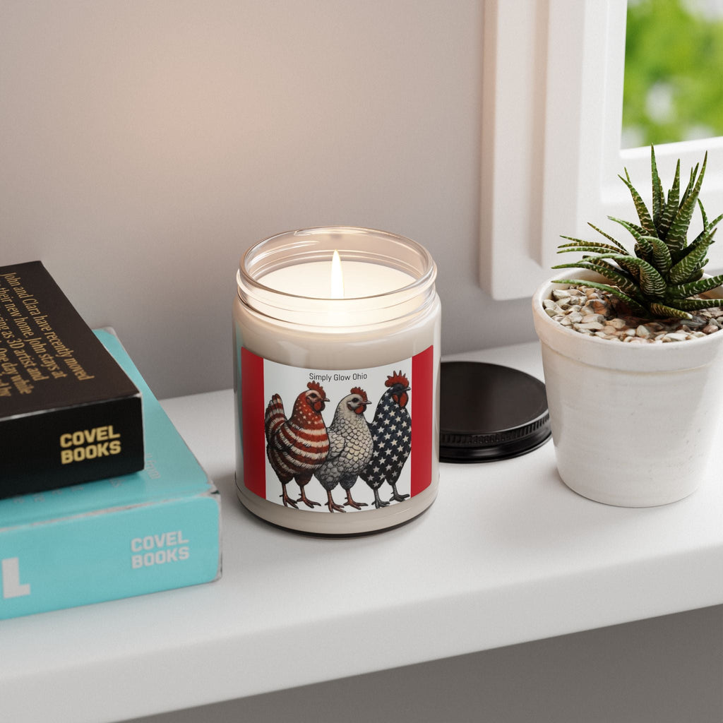 Scented Soy Candle, 9oz, patriotic chickens, farmhouse decor - Simply Glow Ohio