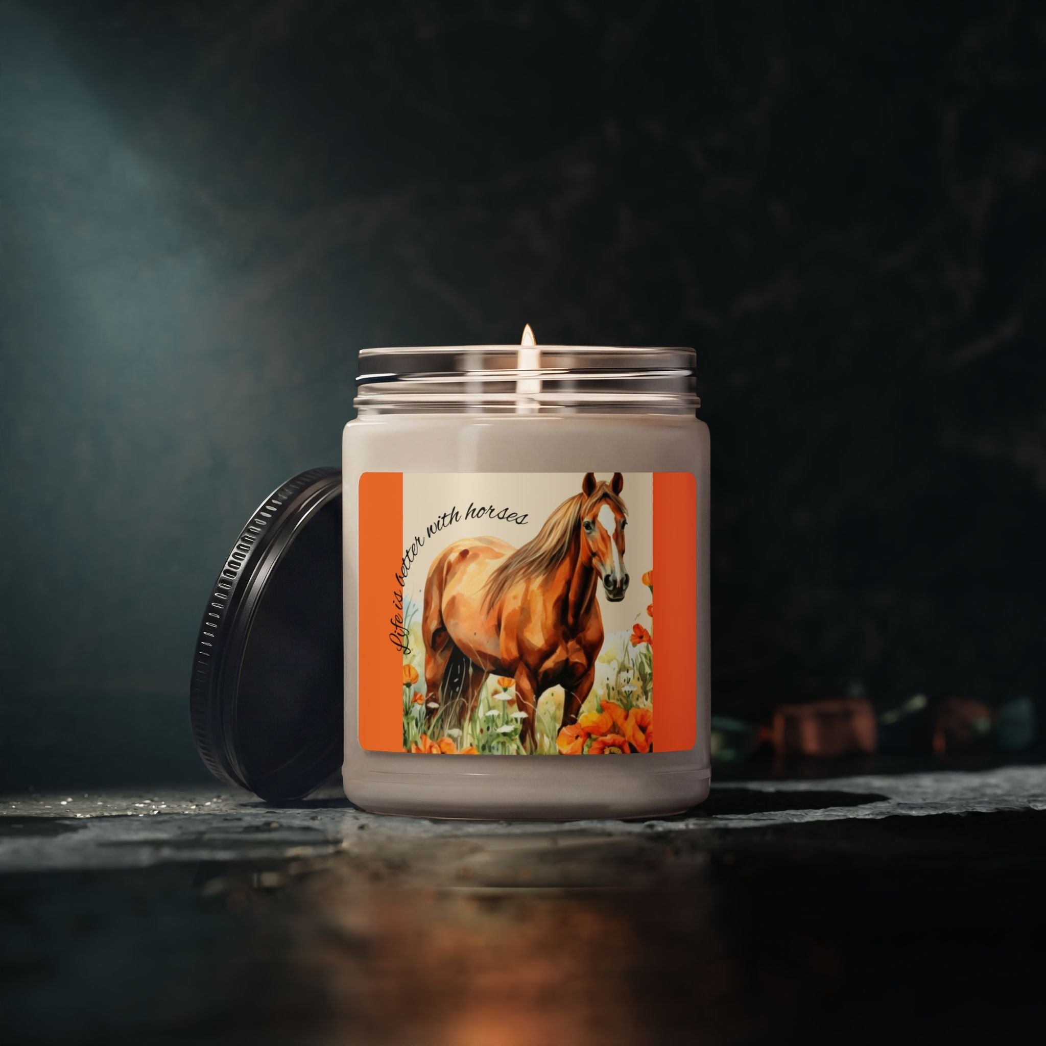 Scented Soy Candle, 9oz, custom designed horse, label with inspirational words, - Simply Glow Ohio